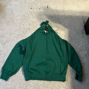 Green cold shoulder long sleeve sweater with keyhole neckline